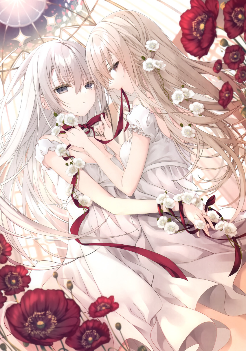 2girls absurdres dress flower grey_eyes hair_between_eyes highres inugami_kira long_hair mouth_hold multiple_girls original red_flower red_ribbon ribbon ribbon_in_mouth white_dress white_flower white_hair