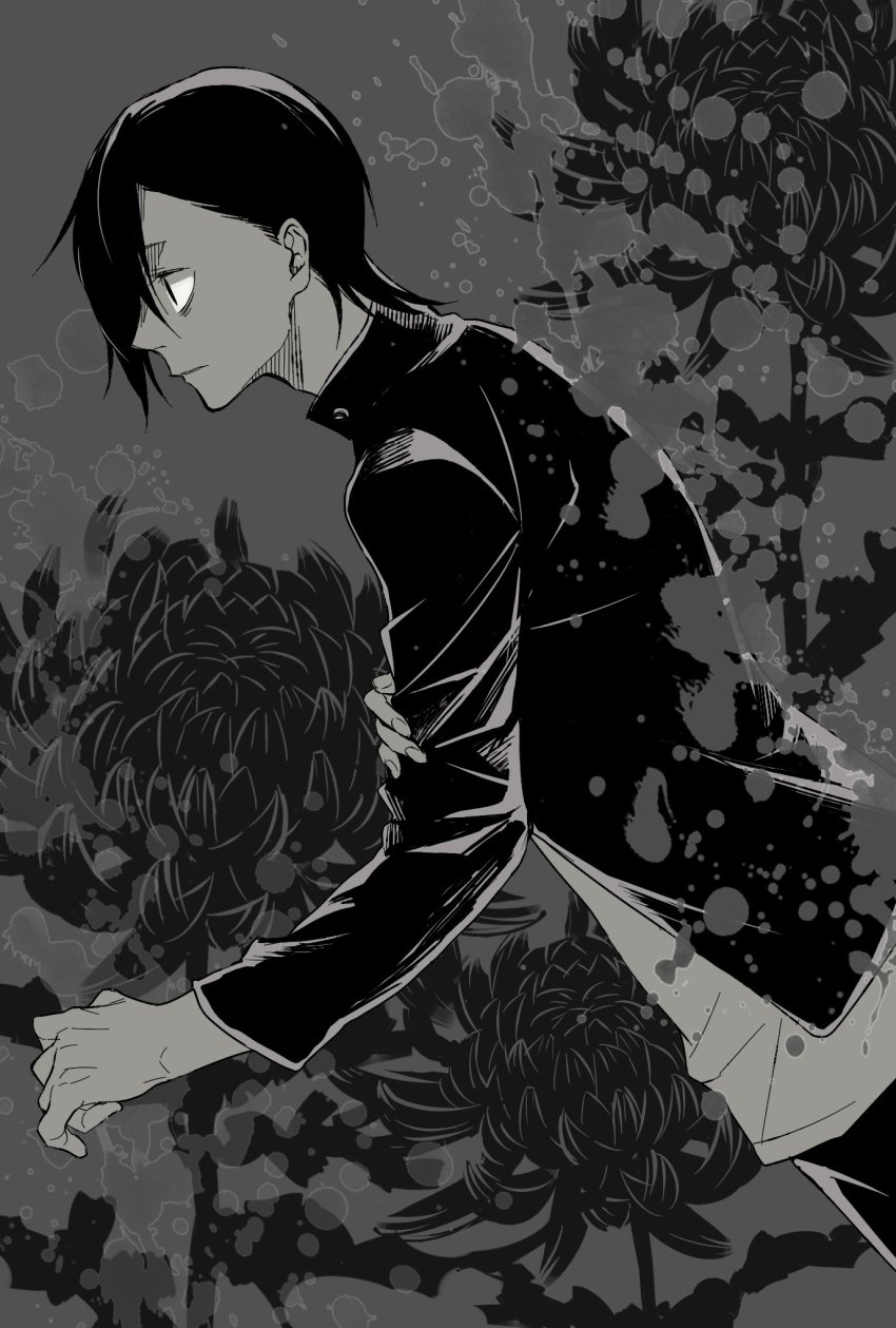 1boy bn_gi7 closed_mouth dutch_angle flower gakuran greyscale highres jacket jujutsu_kaisen long_sleeves looking_away male_focus monochrome profile school_uniform shirt short_hair solo standing upper_body yoshino_junpei