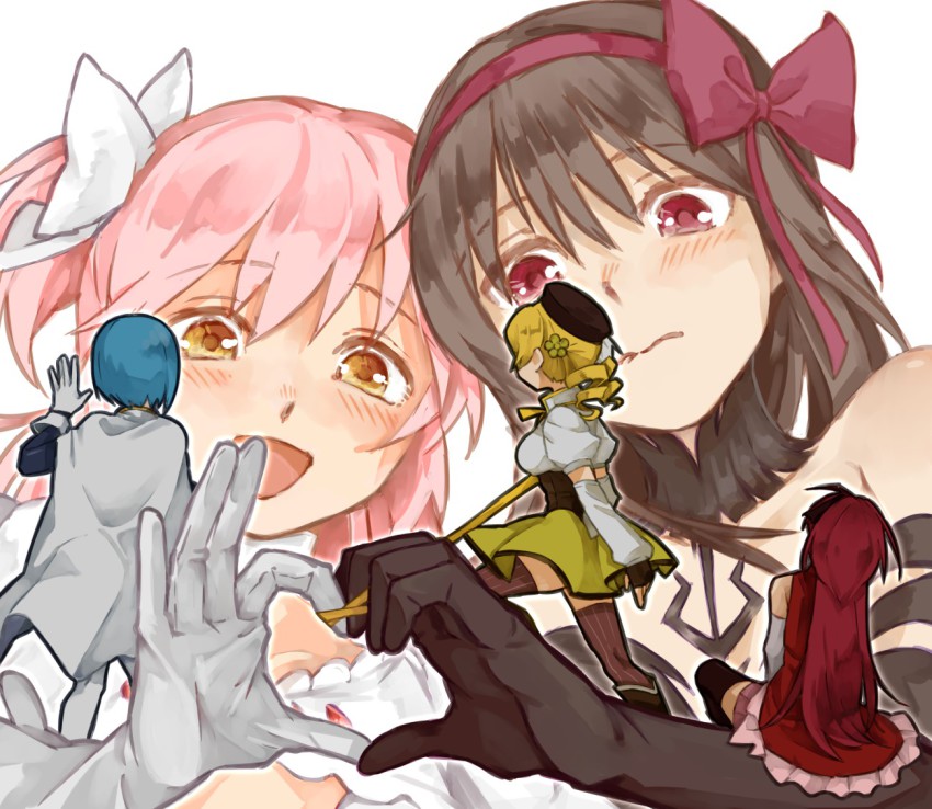 10s 3: 5girls :d akemi_homura akuma_homura artist_request black_hair blue_hair blush bow cape dress giant giantess gloves hair_bow hair_ribbon hairband heart heart_hands heart_hands_duo kaname_madoka kuwabara_(medetaya) long_hair magical_girl mahou_shoujo_madoka_magica mahou_shoujo_madoka_magica:_hangyaku_no_monogatari miki_sayaka miki_sayaka_(magical_girl) multiple_girls open_mouth pantyhose pink_hair ponytail red_hair red_hairband ribbon sakura_kyoko sakura_kyoko_(magical_girl) short_hair smile spoilers tomoe_mami tomoe_mami_(magical_girl) twintails two_side_up ultimate_madoka waving