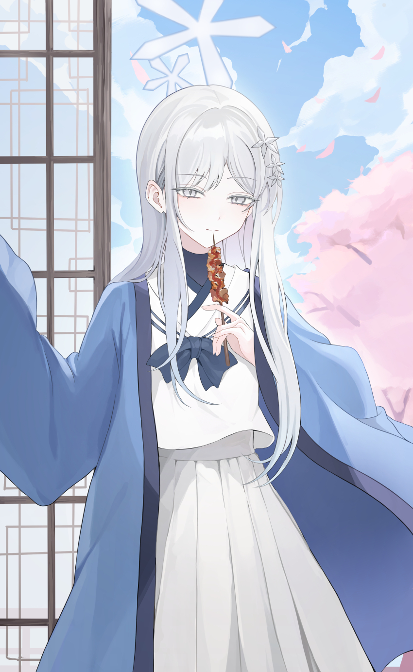 1girl absurdres blue_archive cherry_blossoms closed_mouth day food grey_eyes grey_hair grey_halo halo haori highres holding holding_food japanese_clothes long_hair nagusa_(blue_archive) oyasumisan01 pleated_skirt sailor_collar school_uniform serafuku shouji skirt sliding_doors smile solo white_sailor_collar white_skirt yakitori