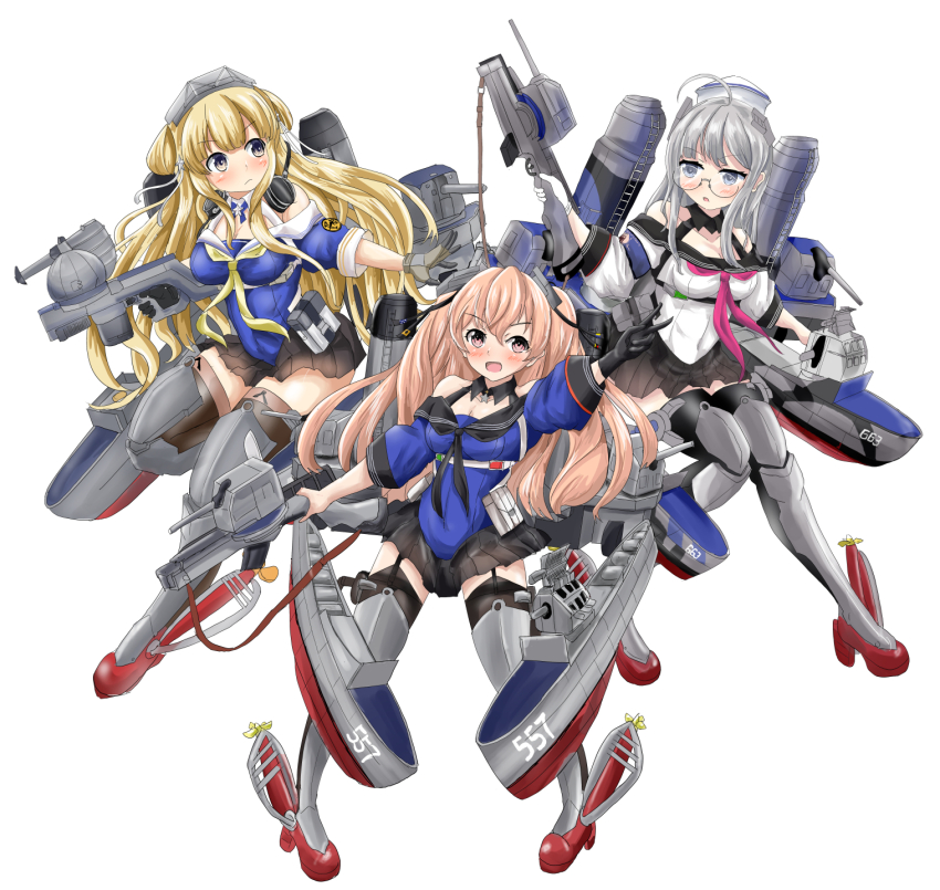 3girls adapted_turret ahoge black_sailor_collar black_skirt black_thighhighs blonde_hair blue_shirt breasts brown_eyes cannon dixie_cup_hat double_bun fletcher_(kancolle) fletcher_mk_ii_(kancolle) folded_hair full_body garter_straps glasses grey_eyes grey_hair hair_bun hair_ornament hat headgear heywood_l._edwards_(kancolle) highres johnston_(kancolle) kantai_collection light_brown_hair long_hair machinery medium_breasts military_hat multiple_girls neckerchief off-shoulder_shirt off_shoulder pleated_skirt purple_eyes rudder_footwear sailor_collar sailor_shirt school_uniform senon serafuku shin_guards shirt simple_background skirt smokestack star_(symbol) star_hair_ornament thighhighs turret two_side_up white_background white_sailor_collar white_shirt yellow_neckerchief