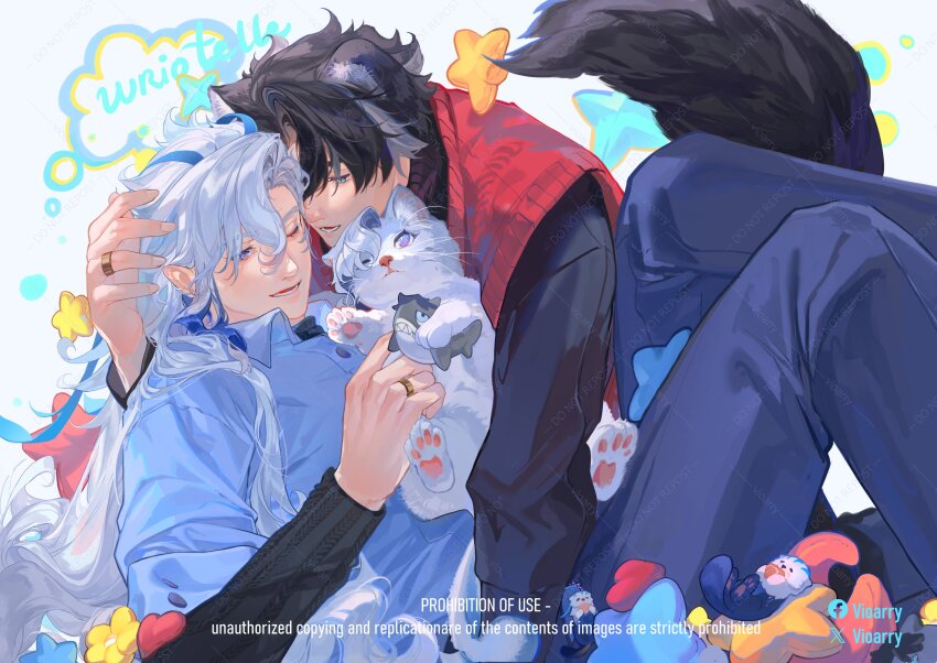 2boys animal_ear_fluff animal_ears artist_name black_hair black_pants black_sweater blue_eyeliner blue_hair blue_pants blue_shirt buttons cat collared_shirt commentary dog_boy dog_ears dog_tail eyelashes eyeliner facebook_logo flower genshin_impact grey_hair hair_between_eyes heart highres jewelry kneeling layered_sleeves leisurely_otter_(genshin_impact) long_hair long_sleeves lower_teeth_only makeup male_focus multicolored_hair multiple_boys neuvillette_(genshin_impact) one_eye_closed open_mouth pants parted_bangs pawpads pointy_ears purple_eyes red_sweater_vest ring shirt short_hair short_over_long_sleeves short_sleeves sitting smile speech_bubble star_(symbol) streaked_hair stuffed_animal stuffed_toy sweater sweater_vest symbol-only_commentary tail teeth thought_bubble turtleneck turtleneck_sweater twitter_x_logo vioarry watermark white_cat white_hair wriothesley_(genshin_impact) yaoi