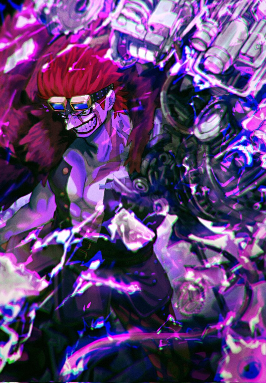 1boy abs amemasu79 black_pants clenched_teeth cropped_legs energy eustass_kid goggles goggles_on_head highres male_focus one_piece pants red_hair teeth unworn_eyewear