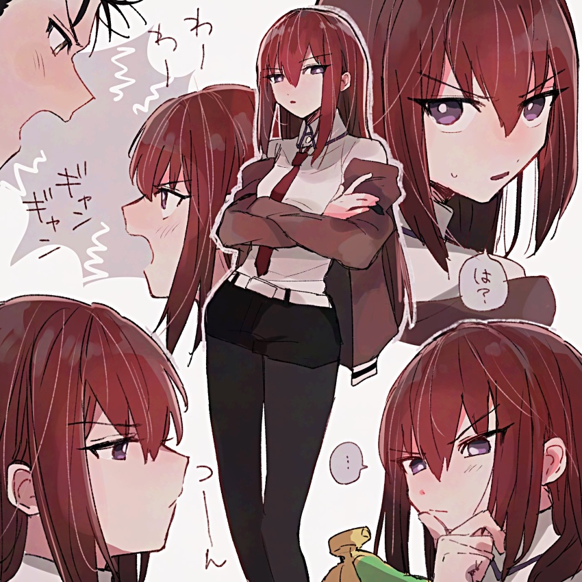 ... 1boy 1girl :/ banana belt black_hair black_pantyhose black_shorts blush closed_mouth collared_shirt crossed_arms food fruit hair_between_eyes highres jacket long_hair long_sleeves looking_at_viewer makise_kurisu multiple_views necktie off_shoulder okabe_rintarou open_clothes open_jacket open_mouth pantyhose profile purple_eyes red_hair red_jacket red_necktie shirt short_shorts shorts simple_background speech_bubble spoken_ellipsis standing steins;gate suehiroch0 thinking translation_request white_background white_belt white_shirt