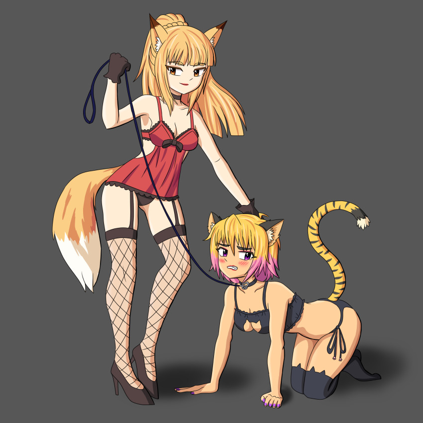 2girls ajamnova animal_ear_fluff animal_ears bdsm black_panties black_thighhighs blonde_hair blush breasts byoubu_tetora cat_ear_thighhighs cat_lingerie cleavage cleavage_cutout clothing_cutout fishnet_thighhighs fishnets fox_ears fox_girl fox_tail full_body garter_straps gloves grey_background hair_between_eyes high_heels highres leash lipstick long_hair makeup meme_attire miyama_kon multicolored_hair multiple_girls nail_polish orange_eyes orange_hair otomimi_infinity panties pink_hair purple_eyes purple_nails shoes short_hair simple_background tail thighhighs tiger_ears tiger_girl tiger_tail underwear yuri