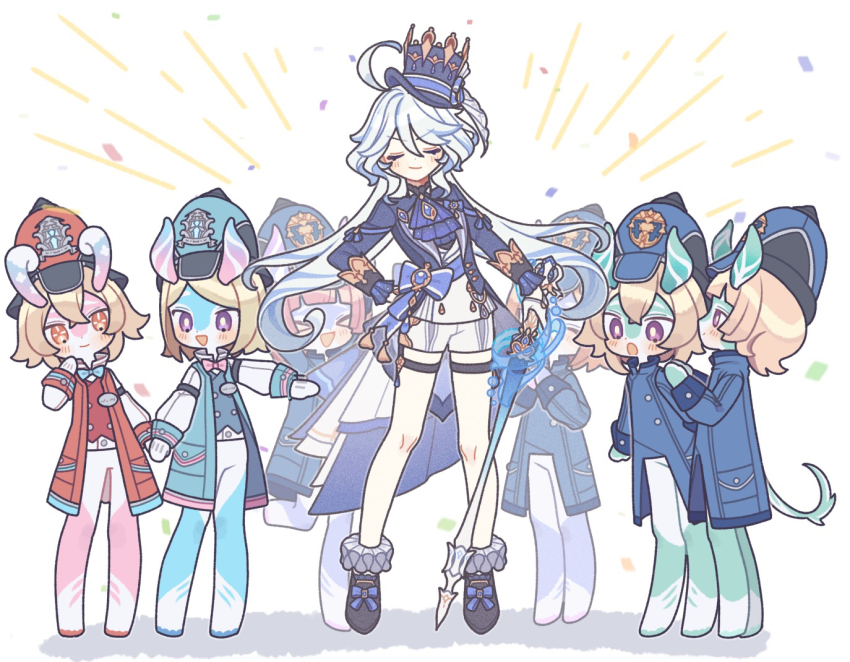 &gt;_&lt; 6+girls :d :o animal_ears aqua_hat ascot black_footwear blonde_hair blue_ascot blue_bow blue_bowtie blue_hat blue_jacket bow bowtie closed_eyes closed_mouth cowlick facing_viewer frilled_sleeves frills full_body furina_(genshin_impact) genshin_impact gloves hand_on_own_hip hat hat_ribbon jacket long_hair long_sleeves looking_at_viewer melusine_(genshin_impact) multiple_girls open_mouth orange_eyes pink_bow pink_bowtie purple_eyes red_hat red_jacket ribbon shoes shorts smile splendor_of_tranquil_waters_(genshin_impact) tail top_hat very_long_hair vest waa_(wawawaa1005) waistcoat white_gloves white_hair white_shorts