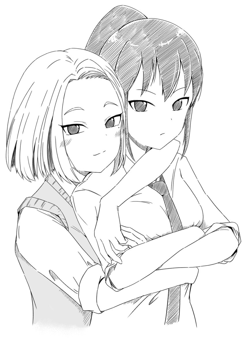 2girls azuminonomizua blush crossed_arms expressionless forehead highres hug hug_from_behind light_smile mole mole_under_eye monochrome multiple_girls necktie ponytail rise_(watamote) sasaki_fuuka school_uniform short_hair upper_body watashi_ga_motenai_no_wa_dou_kangaetemo_omaera_ga_warui!