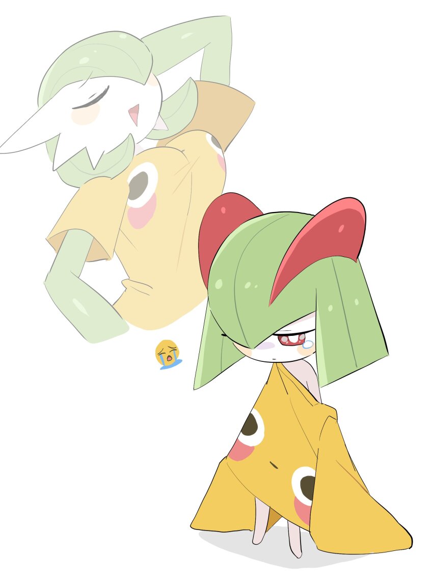 2girls absurdres bob_cut breast_envy closed_eyes colored_skin creatures_(company) crying_emoji ddingyong emoji flushed_face_emoji_shirt_(meme) game_freak gardevoir gen_3_pokemon green_hair green_skin hair_over_one_eye highres horns imagining kirlia long_sleeves meme multicolored_skin multiple_girls nintendo no_feet open_mouth oversized_clothes oversized_shirt pink_eyes pokemon pokemon_(creature) shirt sidelocks simple_background sleeves_past_fingers sleeves_past_wrists teardrop two-tone_skin uohhhhhhhhh!_(meme) white_background white_skin yellow_shirt