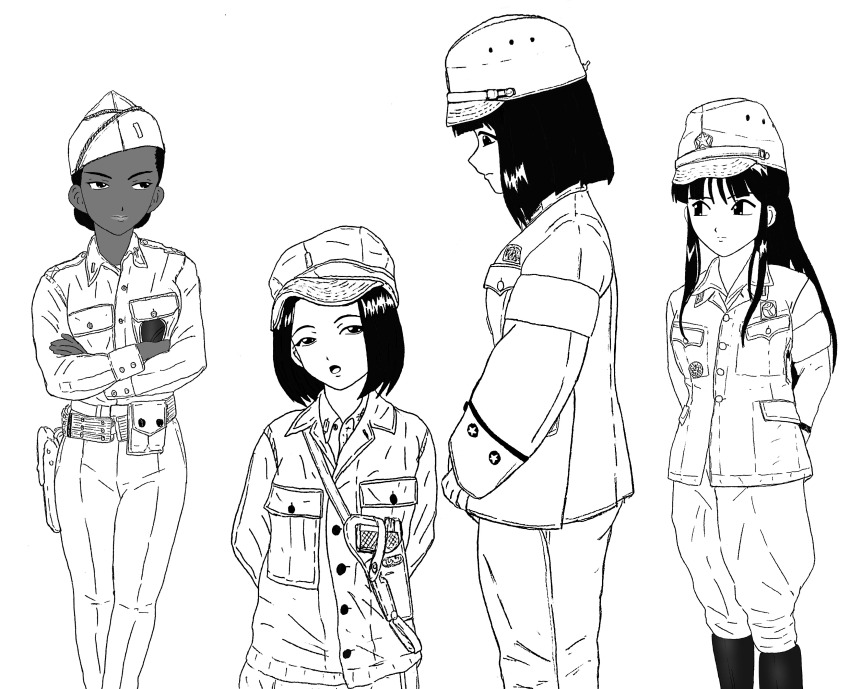 4girls alternate_costume arms_behind_back black_hair breasts crossed_arms dark-skinned_female dark_skin from_side hair_bun hat highres kitaooji_hanabi kneeling kujou_subaru legs medium_breasts military monochrome multiple_girls open_mouth pants ponytail sagitta_weinberg sakura_taisen sega shinguuji_sakura short_hair sideboob sketch small_breasts thighs