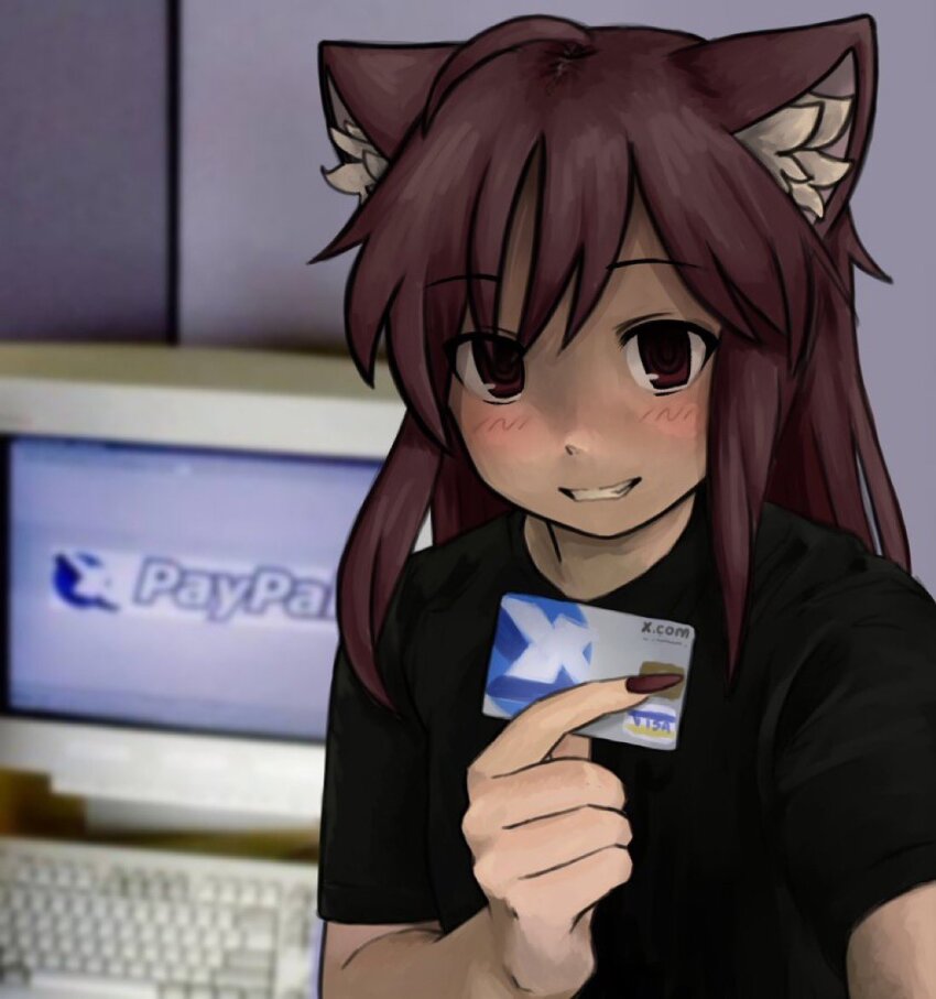 1girl 2000s_(style) ahoge animal_ears blush brown_eyes brown_hair card cat_ears cat_girl commentary computer credit_card derivative_work elon_musk english_commentary fingernails grin holding holding_card long_fingernails long_hair looking_at_viewer original paypal photo_background smile solo visa zoolpal