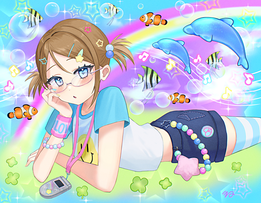 1girl absurdres beads blue_eyes brown_hair bubble cellphone clownfish colorful commentary_request decoden denim denim_shorts dolphin ene_teq fish flip_phone frutiger_aero glasses hair_bobbles hair_ornament heisei_retro highres lanyard looking_at_viewer lying midriff_peek musical_note on_stomach original phone rainbow rhinestone shirt short_hair short_twintails shorts smiley_face solo star_(symbol) star_hair_ornament striped_clothes striped_thighhighs thighhighs tropical_fish twintails y2k_fashion