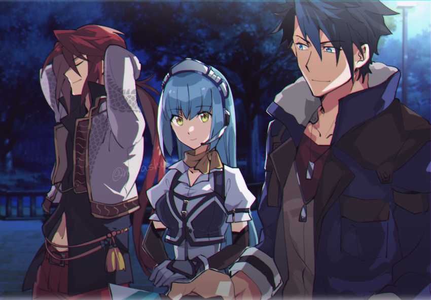 1girl 2boys aaron_wei arms_up belt black_shirt blue_coat blue_eyes blue_hair breasts closed_eyes closed_mouth coat commentary_request cropped_jacket detached_sleeves dragon_print eiyuu_densetsu gloves headset high_collar holding holding_phone jacket jewelry kuro_no_kiseki_(series) kuro_no_kiseki_i long_hair low_ponytail multiple_boys navel necklace night open_clothes open_jacket outdoors pants phone red_hair red_pants red_shirt riarashu risette_twinings shirt short_hair van_arkride white_gloves white_jacket yellow_eyes