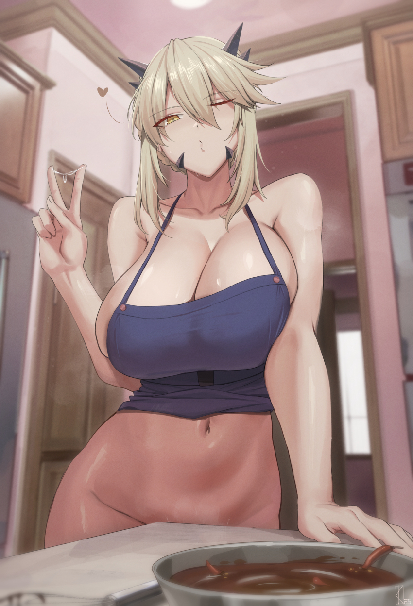 1girl absurdres apron artoria_pendragon_(fate) artoria_pendragon_(lancer_alter)_(fate) bare_shoulders blonde_hair blue_apron bowl braid breasts chocolate cleavage fate/grand_order fate_(series) hair_between_eyes highres horns kakeku large_breasts long_hair looking_at_viewer naked_apron navel one_eye_closed puckered_lips sidelocks solo yellow_eyes