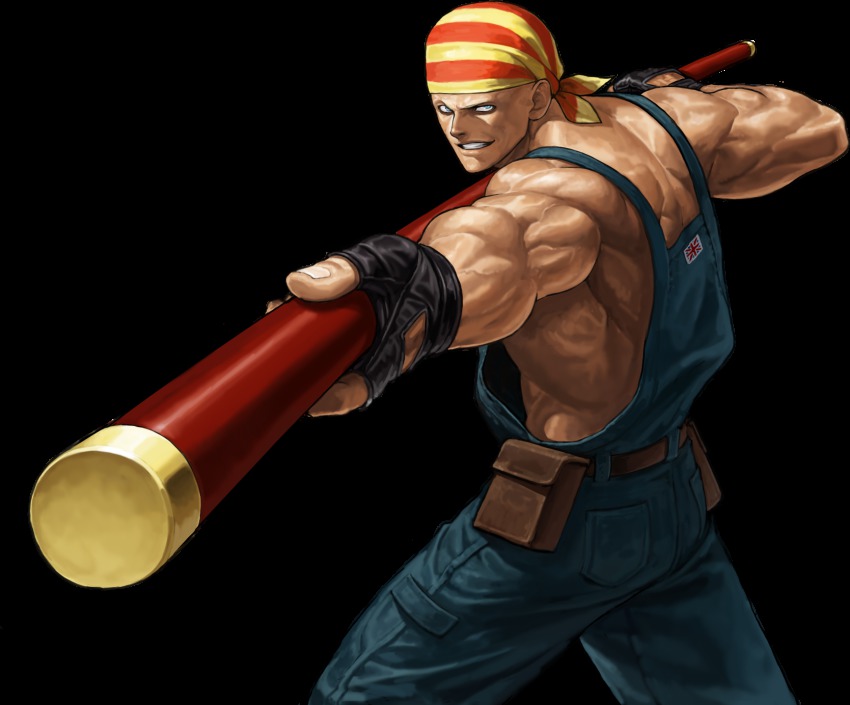 1boy bandana billy_kane fatal_fury fighting_stance fingerless_gloves gloves highres king_of_fighters_xiii male_focus muscular official_art ogura_eisuke overalls pouch topless_male snk solo staff the_king_of_fighters the_king_of_fighters_xiii transparent_background