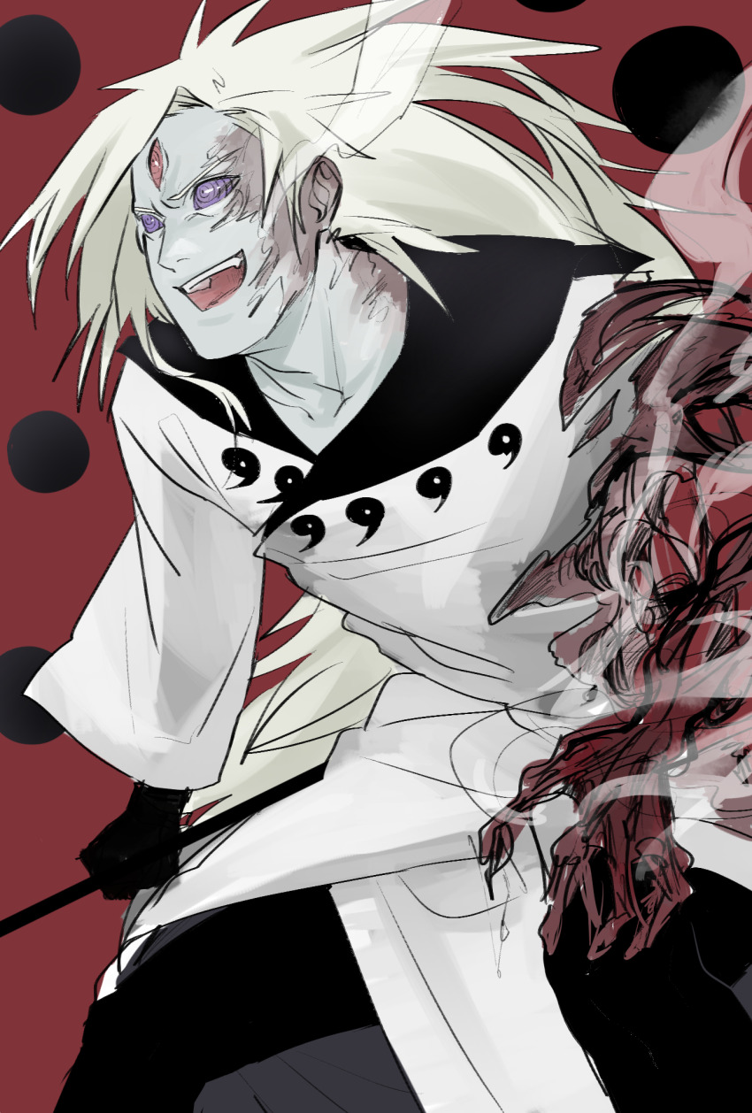 1boy black_collar burnt burnt_face collar collarbone colored_skin cowboy_shot flesh floating floating_object gudoudama_(naruto) highres holding holding_staff injury long_hair male_focus messy_hair naruto_(series) naruto_shippuuden open_mouth orb purple_eyes qjqjqjql red_background red_eyes regeneration ringed_eyes rinne_sharingan rinnegan robe smile solo spiked_hair staff steaming_body teeth third_eye tomoe_(symbol) uchiha_madara uchiha_madara_(juubi_jinchuriki) upper_teeth_only v-shaped_eyebrows very_long_hair white_hair white_robe white_skin wide_sleeves