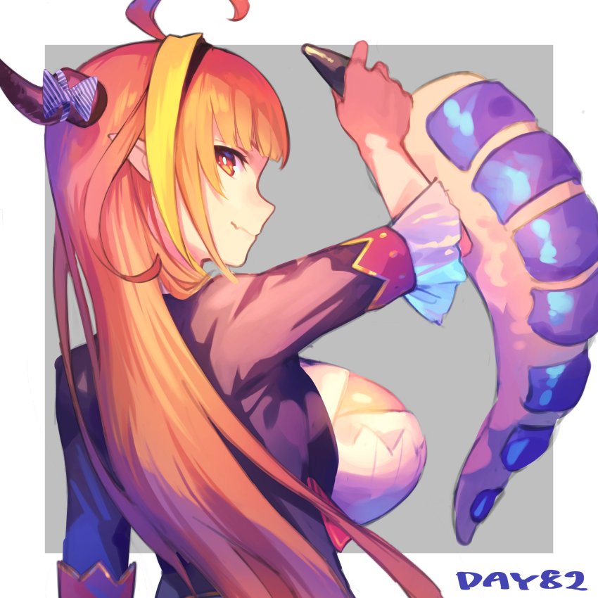 1girl absurdres ahoge anal_beads anal_tail asacoco black_hairband black_jacket blonde_hair blunt_bangs bow breasts butt_plug cleavage_cutout clothing_cutout commentary_request diagonal-striped_bow dragon_girl dragon_horns dragon_tail eyebrows_hidden_by_hair fake_tail fang from_side hairband hand_up hatomugi_seika highres hololive horn_bow horn_ornament horns jacket kiryu_coco kiryu_coco_(1st_costume) large_breasts long_hair looking_at_viewer looking_to_the_side multicolored_hair orange_hair pointy_ears red_eyes scales sex_toy shirt sidelocks simple_background skin_fang smile solo streaked_hair striped_bow tail virtual_youtuber white_shirt