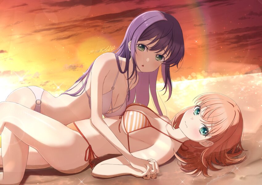 2girls 3: alternate_costume averting_eyes beach bikini blurry blush bokeh breasts cerise_bouquet cleavage closed_mouth commentary_request depth_of_field front-tie_bikini_top front-tie_top girl_on_top green_eyes hair_down halterneck highres hinoshita_kaho holding_hands interlocked_fingers large_breasts link!_like!_love_live! long_hair looking_to_the_side love_live! lying multiple_girls o-ring o-ring_bottom on_back open_mouth orange_bikini orange_sky otomune_kozue purple_hair satolive20 side-tie_bikini_bottom sidelocks sideways_glance signature sky split_mouth string_bikini striped_bikini striped_clothes sunset swimsuit virtual_youtuber white_bikini yuri