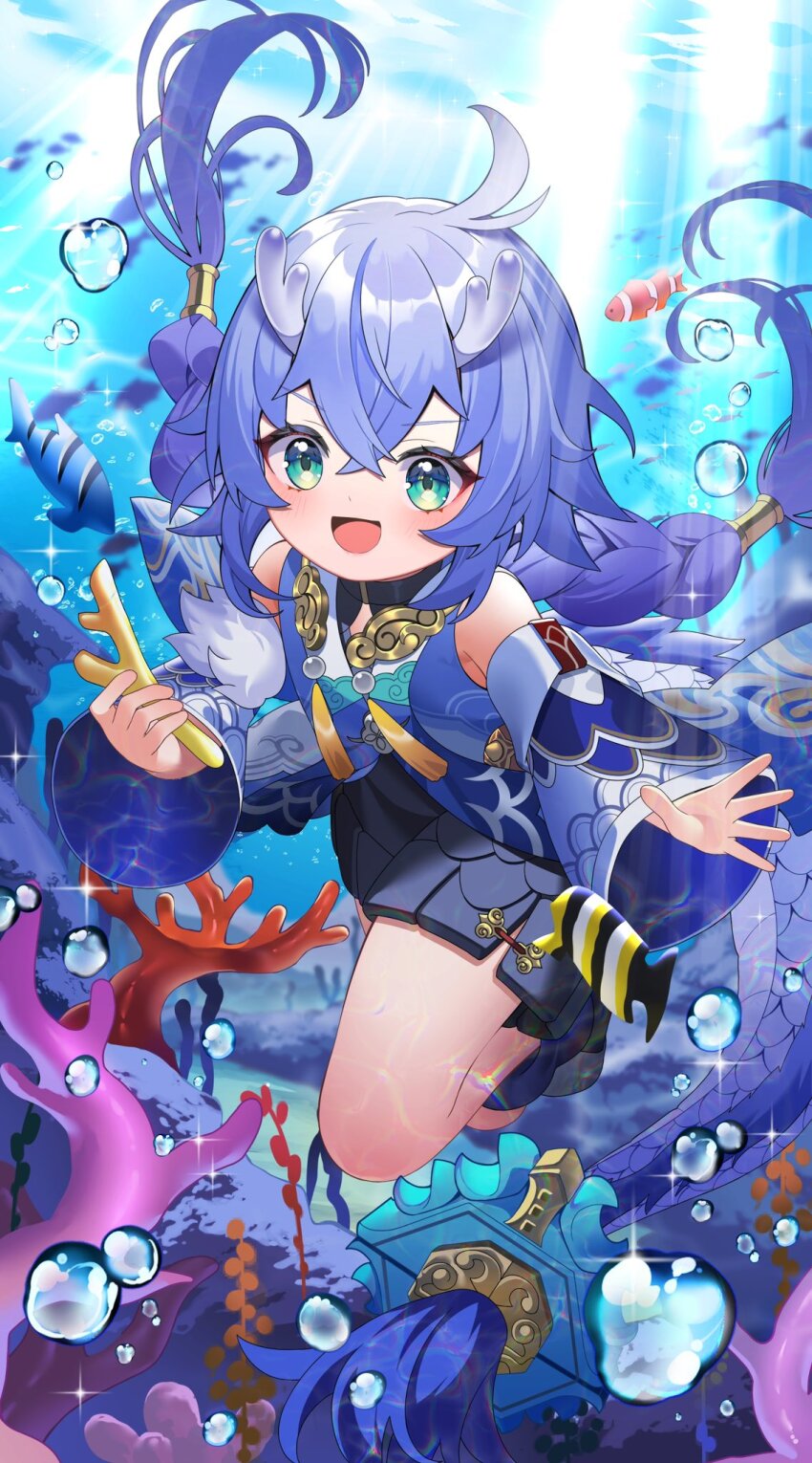 1girl :d ahoge air_bubble bailu_(honkai:_star_rail) bare_shoulders blue_dress blue_eyes blue_sleeves braid bubble chinese_commentary commentary coral coral_reef crossed_bangs day detached_sleeves dragon_horns dragon_tail dress eastern_dragon_horns eastern_dragon_tail fish floating_hair hair_between_eyes highres holding honkai:_star_rail honkai_(series) horns light_blush long_hair looking_at_viewer open_mouth outstretched_arm purple_hair smile solo sunlight tail tassel underwater very_long_hair wide_sleeves yuujin_(yuzinn333)