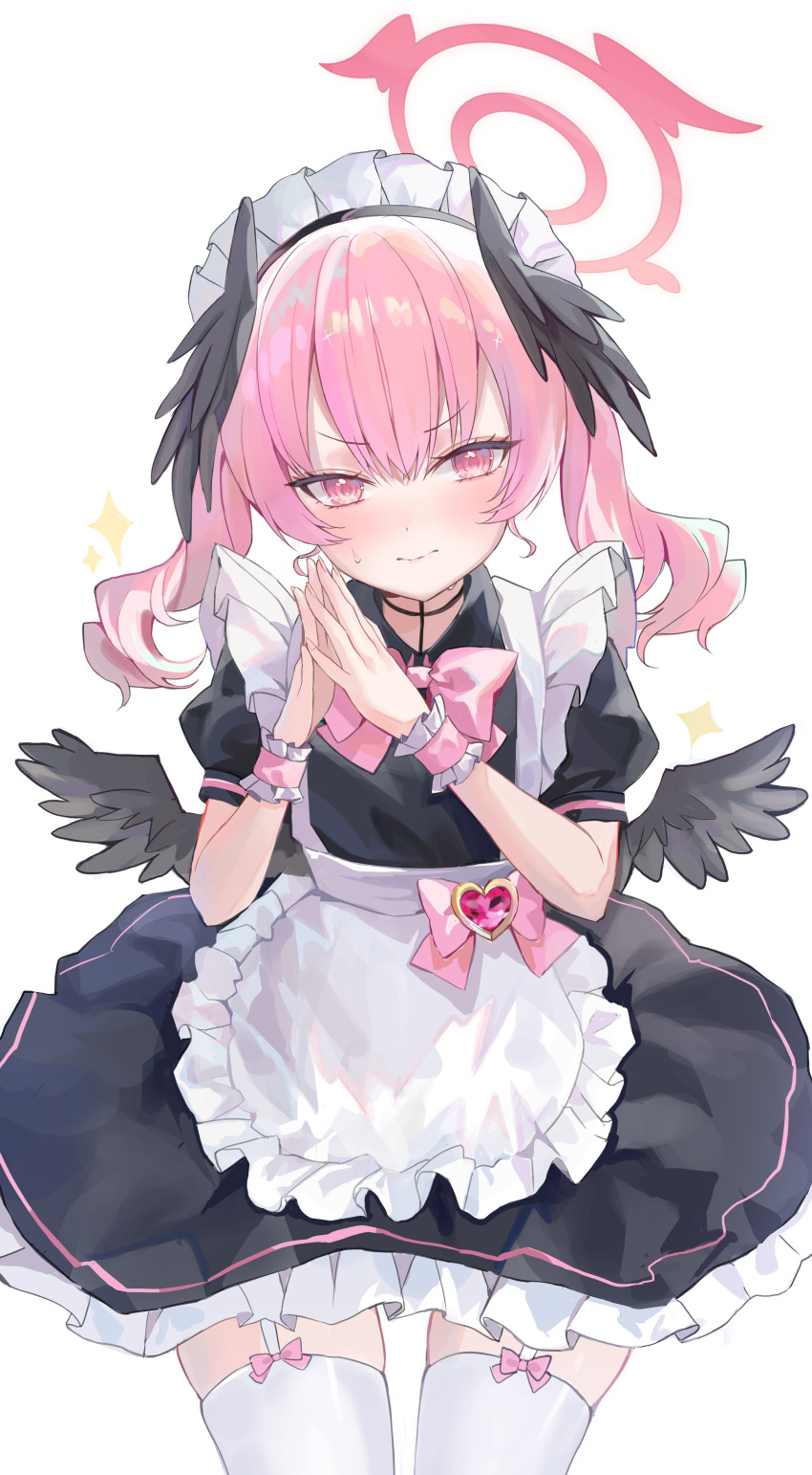 1girl absurdres alternate_costume angel_wings apron black_dress black_wings blue_archive blush closed_mouth cowboy_shot dress enmaided feathered_wings frilled_apron frills garter_straps halo highres koharu_(blue_archive) long_hair looking_at_viewer low_wings maid maid_apron maid_headdress pink_eyes pink_hair puffy_short_sleeves puffy_sleeves ri_yonn short_sleeves simple_background solo thighhighs waist_apron white_apron white_background white_thighhighs wings wrist_cuffs