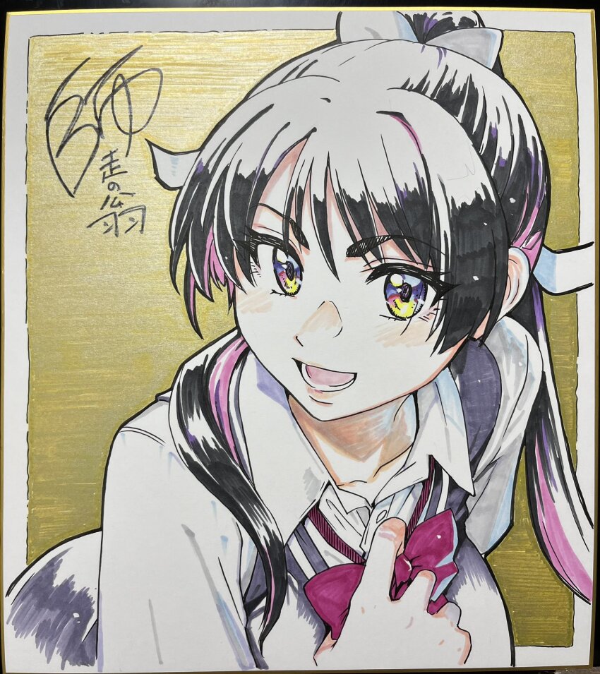 black_hair colorized commentary_request half_body highres kiritani_konome long_hair looking_at_viewer multicolored_eyes open_mouth peace_hame pisu_hame ponytail ribbon sailor_moon_redraw_challenge_(meme) shikishi shiwasu_no_okina signed smile tagme traditional_media