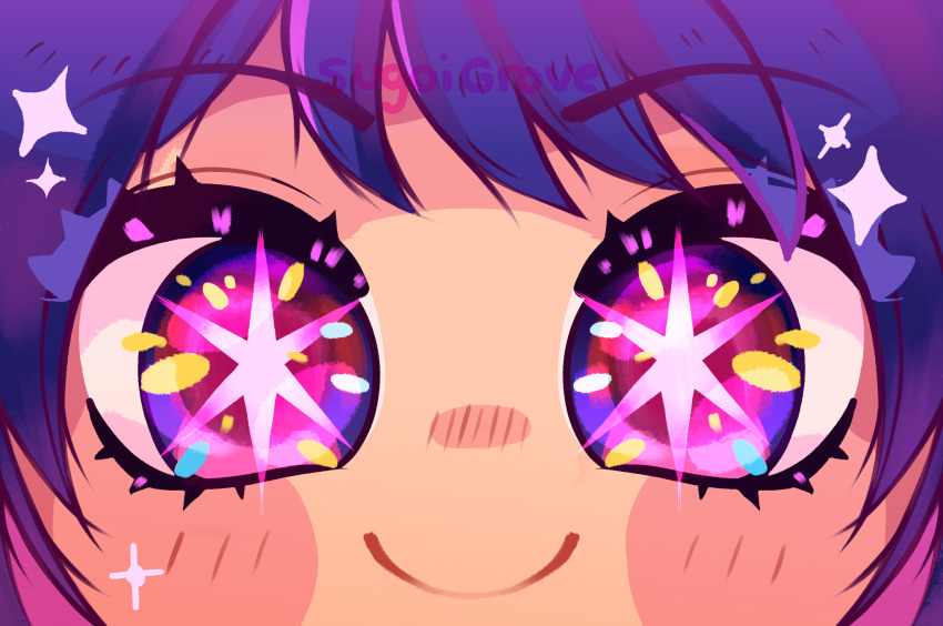 1girl blush close-up eye_focus eyelashes hair_between_eyes highres hoshino_ai idol_(yoasobi) looking_at_viewer oshi_no_ko portrait purple_eyes purple_hair smile solo sparkle star-shaped_pupils star_(symbol) sugoigrove symbol-shaped_pupils watermark