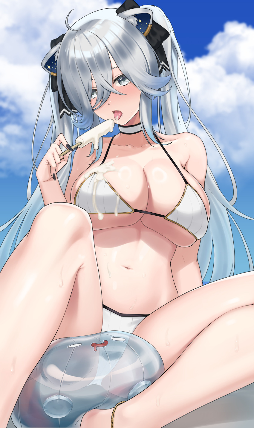 1girl absurdres ahoge animal_ears bikini black_nails blue_sky blush breasts choker cleavage cloud food grey_eyes grey_hair hair_between_eyes highres holding holding_food holding_popsicle hololive large_breasts licking lion_ears lion_girl nail_polish open_mouth popsicle shishiro_botan sky swimsuit tongue tongue_out virtual_youtuber white_bikini white_choker yumemori_jabara