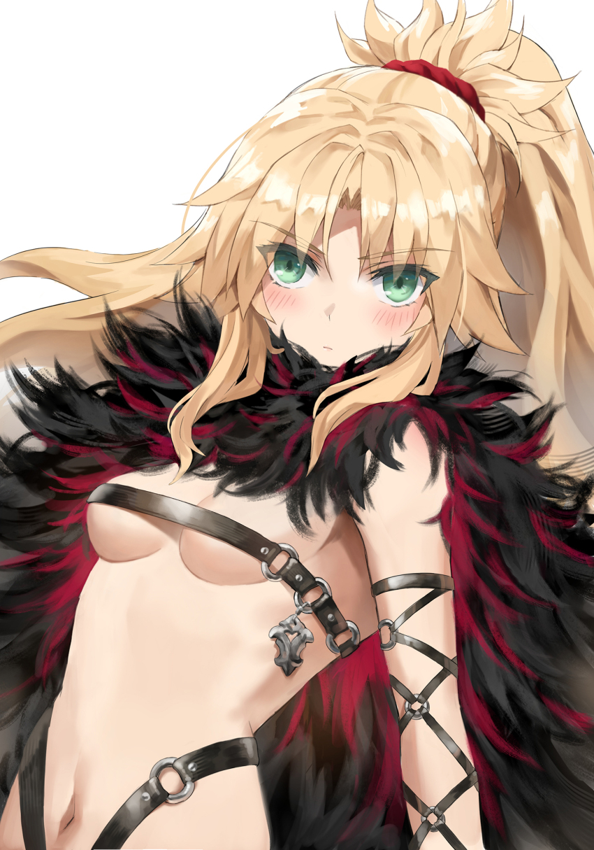 1girl belt_bra blonde_hair blush breasts closed_mouth curtained_hair eyes_visible_through_hair fate/apocrypha fate_(series) female female_focus fur-trimmed_jacket fur_trim green_eyes highres jacket long_hair medium_hair mordred_(fate) mordred_(fate/apocrypha) navel ponytail simple_background small_breasts solo standing stomach tonee upper_body very_long_hair white_background