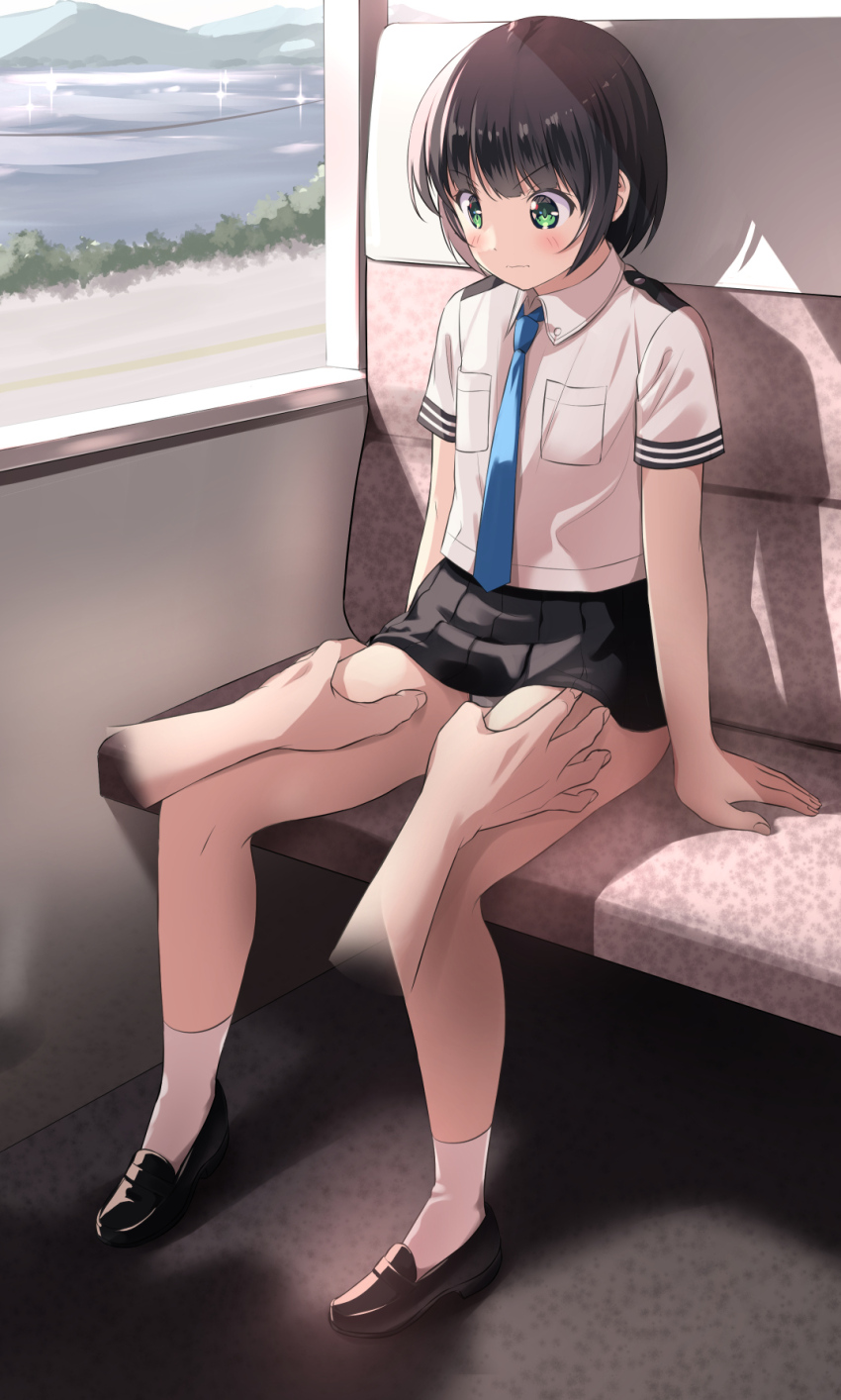 1girl black_hair black_skirt blue_necktie blush bob_cut collared_shirt commission disembodied_hand frown green_eyes groping highres kani_miso loafers looking_down microskirt mountain necktie original panties pantyshot pixiv_commission pleated_skirt road school_uniform shirt shoes short_hair short_sleeves sitting skirt socks solo_focus thigh_grab thighs train_interior underwear upskirt v-shaped_eyebrows water wavy_mouth white_panties white_shirt white_socks window