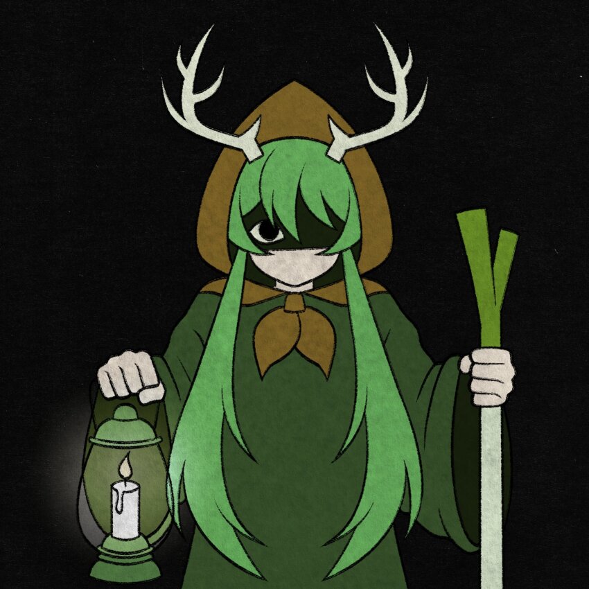 1girl antlers black_background brown_hood candle cryptidhermit fire food green_hair green_robe hatsune_miku highres holding holding_food holding_lantern holding_vegetable hood hood_up horns lantern long_hair long_sleeves no_mouth robe shaded_face simple_background solo spring_onion upper_body vegetable vocaloid