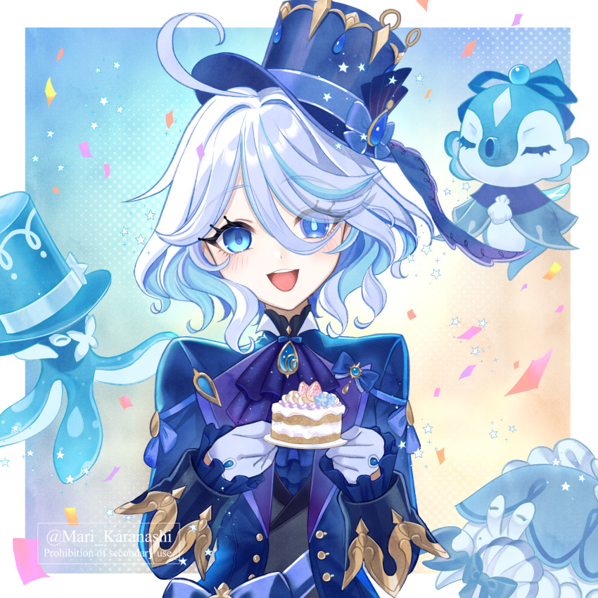 1girl ahoge ascot asymmetrical_gloves black_ascot blue_ascot blue_brooch blue_eyes blue_gemstone blue_hair blue_hat blue_jacket border cake cowlick drop-shaped_pupils food furina_(genshin_impact) gem genshin_impact gentilhomme_usher gloves hair_between_eyes hat heterochromia highres jacket karanashi_mari light_blue_hair long_hair long_sleeves looking_at_viewer mademoiselle_crabaletta mismatched_gloves mismatched_pupils multicolored_hair open_mouth smile solo splendor_of_tranquil_waters_(genshin_impact) surintendante_chevalmarin symbol-shaped_pupils top_hat white_border white_gloves white_hair