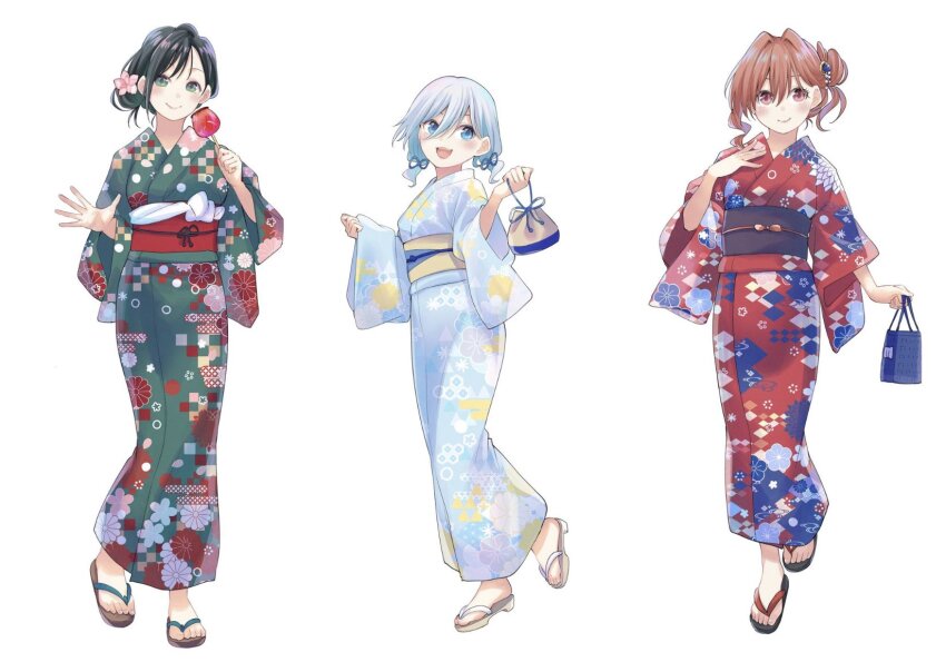 3girls alternate_hairstyle amagami-san_chi_no_enmusubi amagami_asahi amagami_yae amagami_yuna asymmetrical_bangs black_hair blue_eyes blush candy_apple closed_mouth commentary_request floral_print floral_print_kimono flower food full_body green_eyes green_kimono hair_between_eyes hair_flower hair_intakes hair_ornament hair_ribbon hand_on_own_chest highres holding holding_food japanese_clothes kimono kinchaku leg_up lineup looking_at_viewer marcey medium_hair multiple_girls obi open_mouth pouch red_eyes red_hair red_kimono ribbon sandals sash second-party_source siblings simple_background sisters smile w_arms white_background white_hair white_kimono yukata zouri