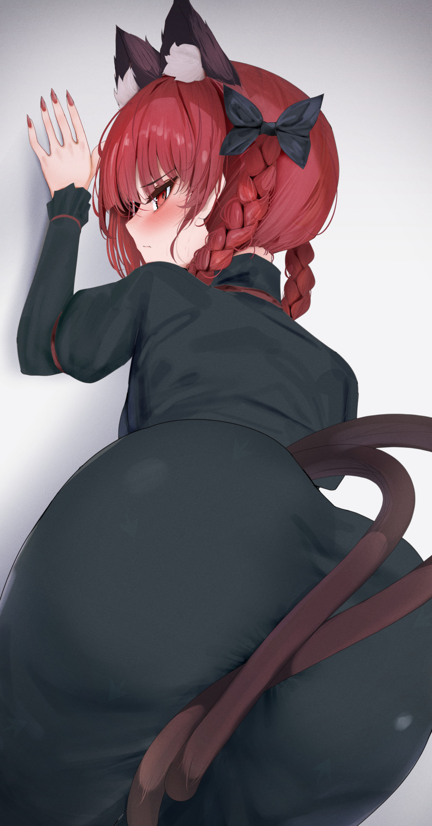 1girl 258n absurdres animal_ears ass ass_focus black_dress blush cat_ears cat_tail closed_mouth dress extra_ears fingernails highres kaenbyou_rin long_fingernails long_hair long_sleeves looking_at_viewer looking_back multiple_tails nail_polish pointy_ears red_eyes red_hair red_nails sharp_fingernails solo tail touhou two_tails