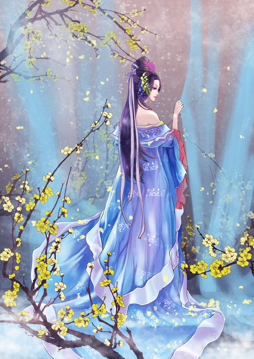 1girl absurdres artist_request bare_shoulders blooming blue_dress bow dress eyeliner female_focus flower flowing_dress_(dq) hair_bow hair_flower hair_ornament highres long_hair looking_to_the_side luna_ouyang makeup original petals ponytail purple_hair solo tree