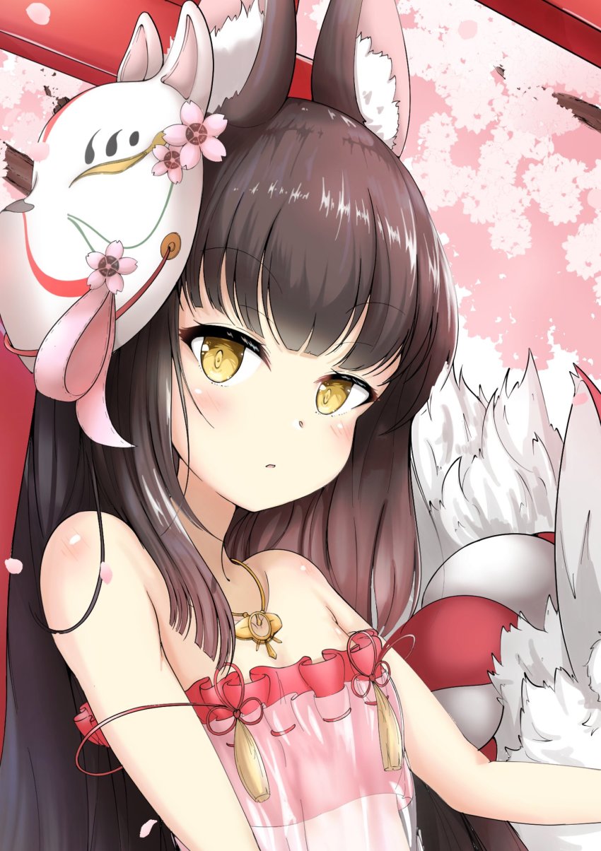 1girl :o animal_ears azur_lane bare_shoulders black_hair blush bra brown_eyes camisole cherry_blossoms choker commentary_request cowboy_shot flower food fox_ears fox_mask highres kitsune long_hair looking_at_viewer mask nagato_(great_fox&#039;s_respite)_(azur_lane) panties red_bra red_panties red_ribbon ribbon ribbon_trim see-through_clothes spring_(season) underwear yashita_saki