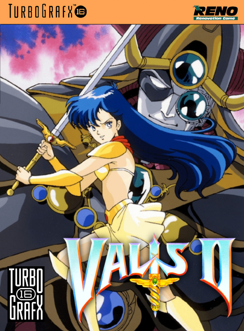 1980s_(style) armor asou_yuuko bikini_armor blue_hair cover dynamic_pose game greatsword high_boots highres holding holding_sword holding_weapon long_hair looking_back mecha miniskirt monocle mugen_senshi_valis oldschool pc_engine retro_artstyle robot shoulder_armor skirt super_robot sword telenet_japan valis valis_sword very_long_hair weapon