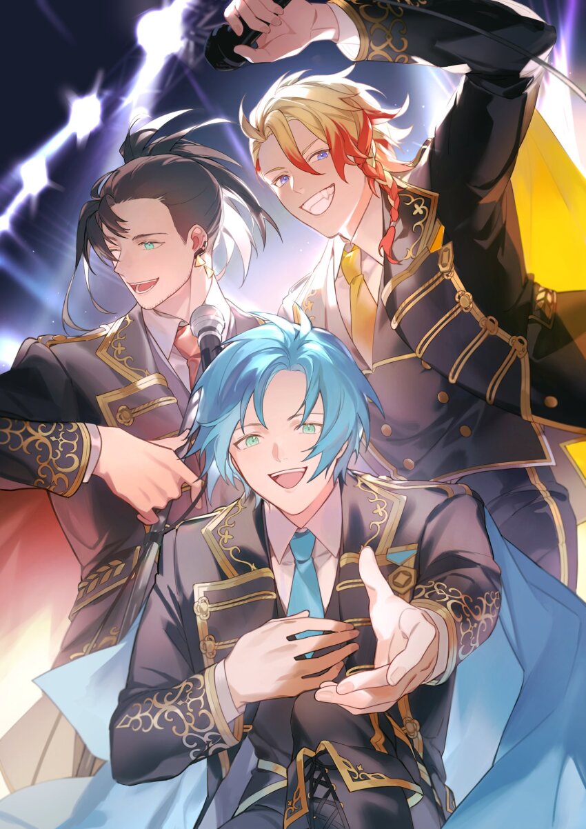 3boys absurdres anniversary arm_up axel_syrios blonde_hair blue_eyes blue_hair blue_necktie blush capelet chul_(pacifique) collared_shirt commentary earrings english_commentary green_eyes grin hair_between_eyes happy highres holding holding_microphone holostars holostars_english holostars_idol_uniform_(2nd_act) idol_clothes jacket jewelry josuiji_shinri looking_at_viewer male_focus microphone multicolored_hair multiple_boys necktie one_eye_closed open_mouth ponytail reaching reaching_towards_viewer red_hair red_necktie regis_altare shirt short_hair smile stage_lights tassel tassel_earrings teeth two-tone_hair upper_body virtual_youtuber yellow_necktie