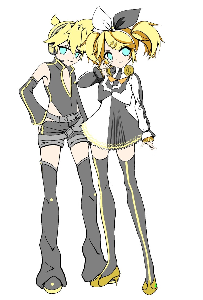 1boy 1girl aqua_eyes artist_request bare_shoulders belt black_leotard black_shorts black_thighhighs blonde_hair brother_and_sister cropped_jacket detached_sleeves dress frilled_sleeves frills full_body gold_trim hair_between_eyes hair_ornament hairclip headband headphones headphones_around_neck headset high_heels highres jacket kagamine_len kagamine_rin leg_warmers leotard looking_at_viewer medium_hair migikata_no_chou_(vocaloid) multicolored_clothes multicolored_jacket orange_goggles parted_bangs pleated_dress project_diva_(series) punkish_(module) reactor_(module) roshin_yuukai_(vocaloid) short_hair short_ponytail short_shorts shorts siblings skinny striped_clothes striped_thighhighs swept_bangs thighhighs twins twintails two-tone_bow two-tone_dress two-tone_jacket vocaloid zettai_ryouiki