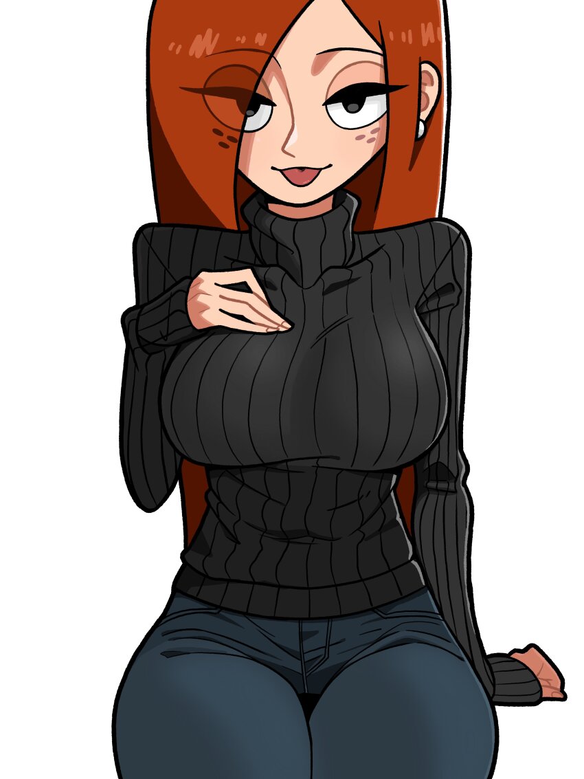 1girl absurdres black_eyes black_sweater breasts earrings eyes_visible_through_hair freckles gravity_falls half-closed_eyes hand_on_own_chest highres jewelry large_breasts long_hair long_sleeves looking_at_viewer n_k_m orange_hair pants sitting solo straight-on sweater tongue tongue_out turtleneck wendy_corduroy white_background