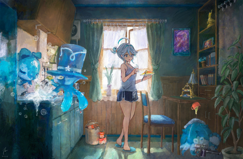 1girl accident can casual chair contemporary cowlick cup dolphin_shorts food furina_(genshin_impact) genshin_impact gentilhomme_usher grey_shirt handheld_vacuum_cleaner highres holding holding_cup holding_plate indoors mademoiselle_crabaletta pasta plate sandals shirt shorts sleeveless sleeveless_shirt soap_bubbles solo spaghetti suke_omi surintendante_chevalmarin table updo