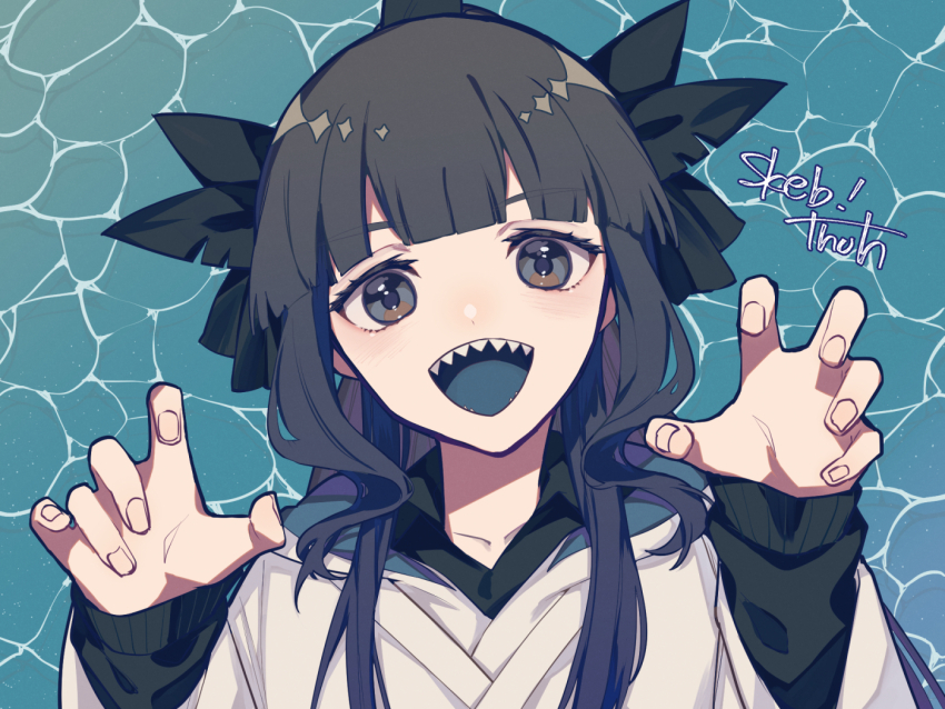 1girl artemis_of_the_blue atelier_live blue_tongue blunt_bangs claw_pose colored_tongue commission english_text hair_ribbon hands_up hood hoodie looking_at_viewer open_mouth ribbon shark_girl sharp_teeth skeb_commission solo teeth tenioha upper_body virtual_youtuber water white_hoodie