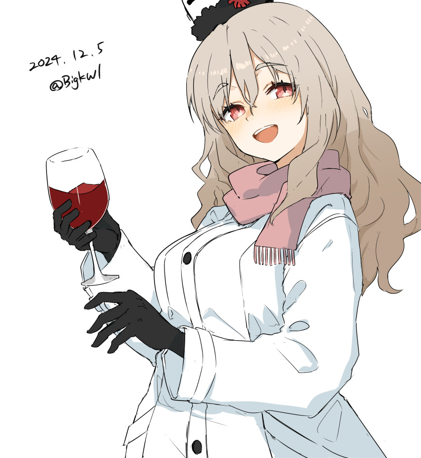 1girl absurdres alcohol bigkwl black_gloves breasts coat cup drinking_glass gloves grey_hair hair_between_eyes hat highres kantai_collection large_breasts long_hair long_sleeves mini_hat official_alternate_costume pink_scarf pola_(kancolle) pola_(mitsukoshi)_(kancolle) red_eyes scarf solo tilted_headwear wavy_hair white_coat wine wine_glass