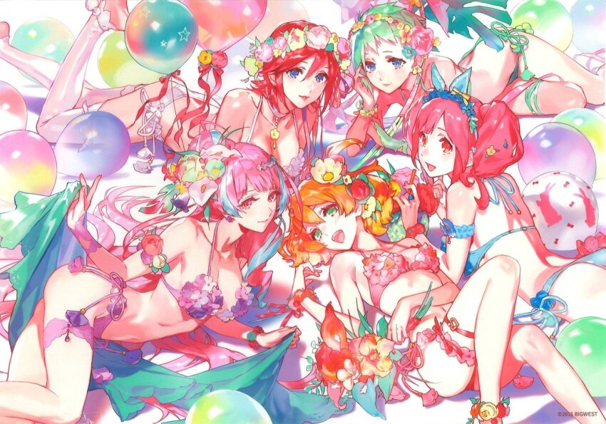 5girls bikini blue_eyes blue_hair breasts cleavage flower freyja_wion frilled_bikini frills green_eyes hair_flower hair_ornament heart jewelry kaname_buccaneer kio_(kio_k2) long_hair looking_at_viewer macross macross_delta makina_nakajima mikumo_guynemer multicolored_hair multiple_girls official_alternate_costume open_mouth purple_hair red_eyes red_hair reina_prowler short_hair side-tie_bikini_bottom smile string_bikini swimsuit very_long_hair walkure_(macross_delta)