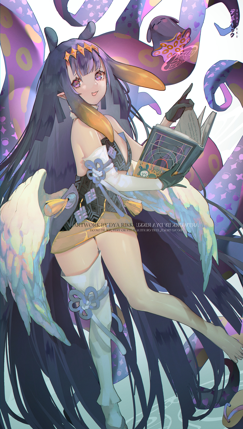 1girl absurdly_long_hair black_dress black_gloves blunt_bangs book center-flap_bangs commentary_request detached_sleeves dress dyarikku feathered_wings flat_chest foot_out_of_frame gloves gradient_hair headpiece highres holding holding_book hololive hololive_english long_hair long_sleeves looking_at_viewer low_wings multicolored_hair ninomae_ina&#039;nis ninomae_ina&#039;nis_(1st_costume) open_book open_mouth orange_hair partial_commentary pointy_ears purple_eyes purple_hair sandals short_dress sidelocks single_bare_foot single_detached_sleeve single_thighhigh smile solo strapless strapless_dress takodachi_(ninomae_ina&#039;nis) tentacle_hair tentacles thighhighs tube_dress unworn_sandals very_long_hair virtual_youtuber watermark white_sleeves white_thighhighs white_wings wings