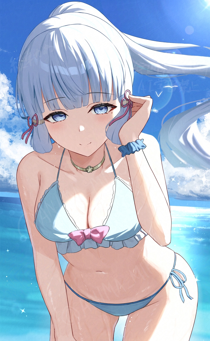 1girl absurdres anima_miko ayaka_(genshin_impact) bikini bird blue_bikini blue_eyes blue_sky blunt_bangs blunt_ends blush breasts choker cleavage cloud collarbone commentary_request day frilled_bikini frills genshin_impact highres horizon leaning_forward lens_flare long_hair looking_at_viewer medium_breasts mole mole_under_eye navel ocean outdoors ponytail scrunchie seagull side-tie_bikini_bottom sky smile solo swimsuit wet white_hair wrist_scrunchie