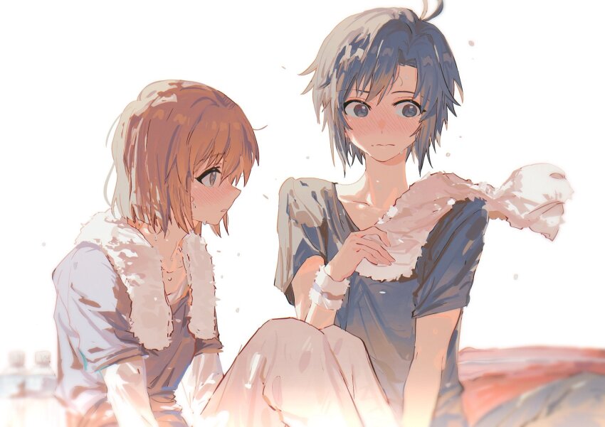 2girls antenna_hair averting_eyes black_hair black_shirt blush bottle brown_hair hagiwara_yukiho highres holding holding_towel idolmaster idolmaster_(classic) idolmaster_million_live! kikuchi_makoto knees_up looking_at_another multiple_girls nose_blush shirt short_hair sitting sweat towel towel_around_neck water_bottle wristband yumi_xsh