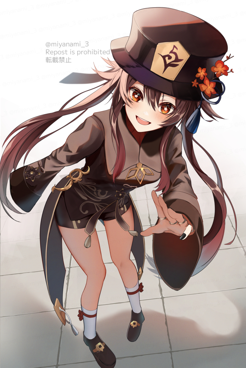 1girl black_nails blush brown_coat brown_hair brown_hat coat flower flower-shaped_pupils genshin_impact hair_between_eyes hat highres hu_tao_(genshin_impact) long_hair miyanami_3 open_mouth plum_blossoms red_eyes short_shorts shorts smile solo symbol-shaped_pupils white_background