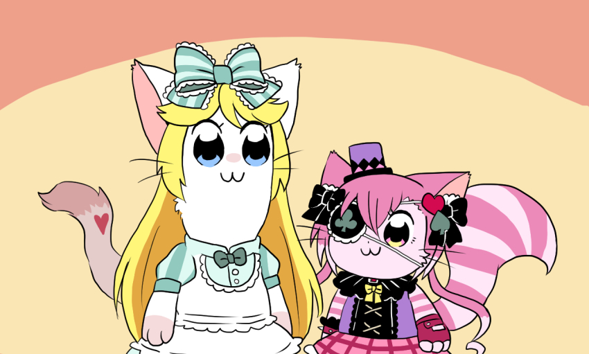 10s 2girls alice_(cat_busters) artist_request blonde_hair cat cat_busters cheshire_(cat_busters) eyepatch furry hat long_hair mini_hat multiple_girls parody pink_hair poptepipic short_hair style_parody