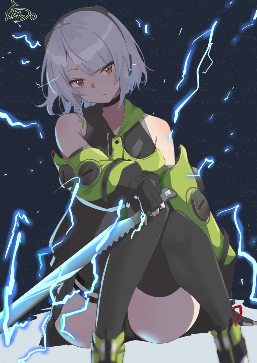 1girl absurdres anby_demara black_gloves black_thighhighs brown_eyes closed_mouth expressionless feet_out_of_frame fingerless_gloves gloves hair_between_eyes headphones highres holding holding_sword holding_weapon lanthan lightning looking_at_viewer short_hair sidelocks signature sitting solo sword thighhighs weapon white_hair zenless_zone_zero