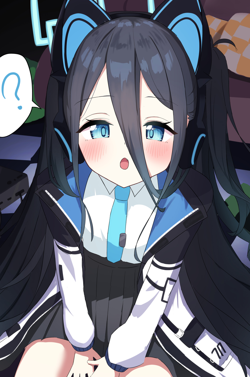 1girl ? absurdly_long_hair absurdres animal_ear_headphones animal_ears aris_(blue_archive) between_legs black_hair black_skirt blue_archive blue_halo blue_necktie blush cat_ear_headphones cat_ears coat collared_shirt commentary fake_animal_ears hair_between_eyes halo hand_between_legs headphones highres long_bangs long_hair long_hair_between_eyes looking_at_viewer necktie one_side_up open_clothes open_coat open_mouth pleated_skirt shirt shirt_tucked_in sidelocks sitting skirt solo speech_bubble spiral_(udon) very_long_hair white_coat white_shirt