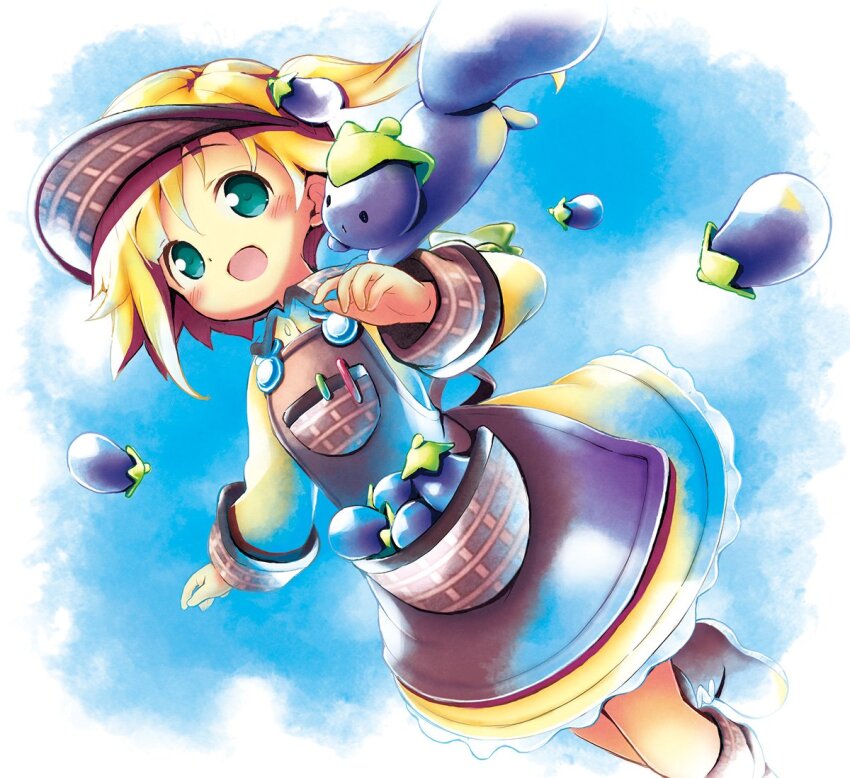 1girl :d aikei_ake apron blonde_hair blue_background blush boots brown_footwear commentary_request dress dutch_angle eggplant food-themed_hair_ornament green_eyes hair_ornament long_sleeves open_mouth original purple_apron side_ponytail smile solo squirrel visor_cap yellow_dress